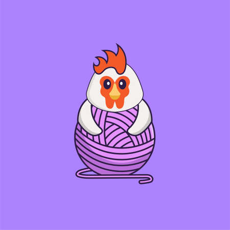 Cute chicken playing with wool yarn. Animal cartoon concept isolated. Can used for t-shirt, greeting card, invitation card or mascot.のイラスト素材