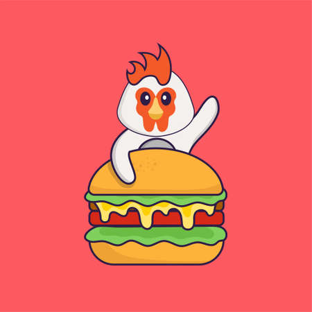 Cute chicken eating burger. Animal cartoon concept isolated. Can used for t-shirt, greeting card, invitation card or mascot.のイラスト素材