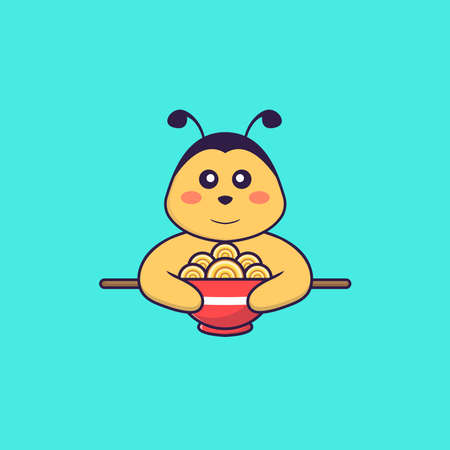 Cute bee eating ramen noodles. Animal cartoon concept isolated. Can used for t-shirt, greeting card, invitation card or mascot.のイラスト素材
