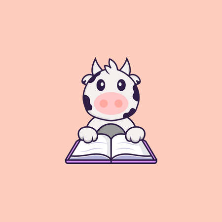 Cute cow reading a book. Animal cartoon concept isolated. Can used for t-shirt, greeting card, invitation card or mascot.のイラスト素材
