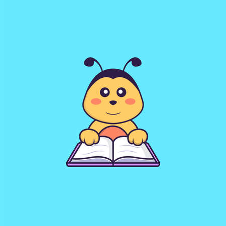 Cute bee reading a book. Animal cartoon concept isolated. Can used for t-shirt, greeting card, invitation card or mascot.のイラスト素材