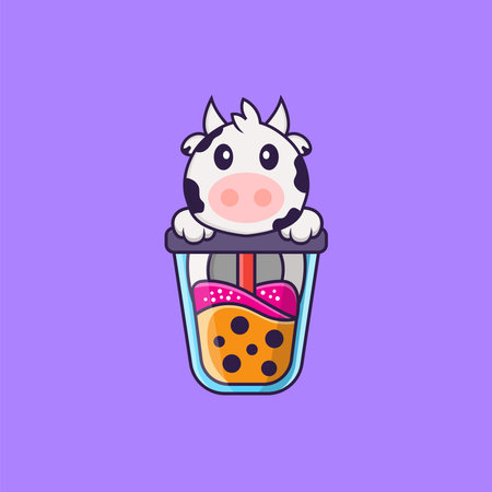 Cute cow Drinking Boba milk tea. Animal cartoon concept isolated. Can used for t-shirt, greeting card, invitation card or mascot.のイラスト素材