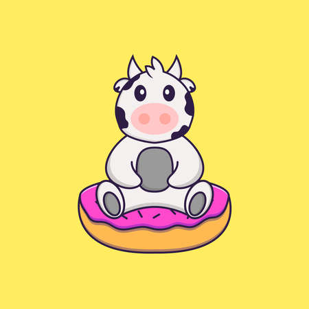 Cute cow is sitting on donuts. Animal cartoon concept isolated. Can used for t-shirt, greeting card, invitation card or mascot.のイラスト素材