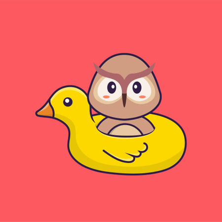 Cute owl With Duck buoy. Animal cartoon concept isolated. Can used for t-shirt, greeting card, invitation card or mascot.のイラスト素材