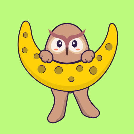 Cute owl is on the moon. Animal cartoon concept isolated. Can used for t-shirt, greeting card, invitation card or mascot.のイラスト素材