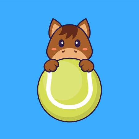Cute horse playing tennis. Animal cartoon concept isolated. Can used for t-shirt, greeting card, invitation card or mascot.のイラスト素材