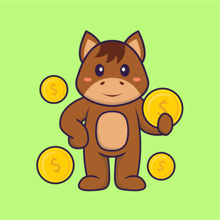 Cute horse holding coin. Animal cartoon concept isolated. Can used for t-shirt, greeting card, invitation card or mascot.のイラスト素材