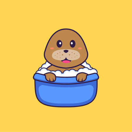 Cute dog taking a bath in the bathtub. Animal cartoon concept isolated. Can used for t-shirt, greeting card, invitation card or mascot.のイラスト素材