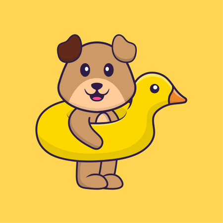 Cute dog With Duck buoy. Animal cartoon concept isolated. Can used for t-shirt, greeting card, invitation card or mascot.のイラスト素材