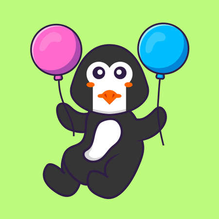 Cute penguin flying with two balloons. Animal cartoon concept isolated. Can used for t-shirt, greeting card, invitation card or mascot.のイラスト素材