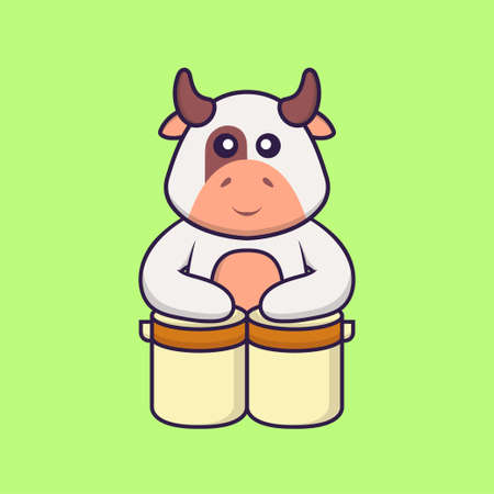 Cute cow is playing drums. Animal cartoon concept isolated. Can used for t-shirt, greeting card, invitation card or mascot.のイラスト素材