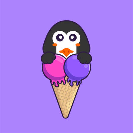Cute penguin with sweet ice cream. Animal cartoon concept isolated. Can used for t-shirt, greeting card, invitation card or mascot.のイラスト素材