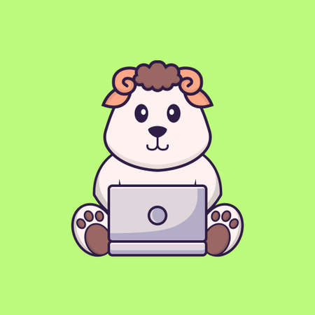 Cute sheep using laptop. Animal cartoon concept isolated. Can used for t-shirt, greeting card, invitation card or mascot.のイラスト素材