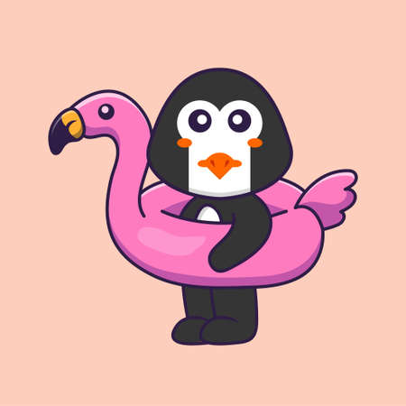 Cute penguin With flamingo buoy. Animal cartoon concept isolated. Can used for t-shirt, greeting card, invitation card or mascot.のイラスト素材