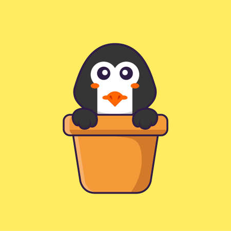 Cute penguin in a flower vase. Animal cartoon concept isolated. Can used for t-shirt, greeting card, invitation card or mascot. Flat Cartoon Styleのイラスト素材