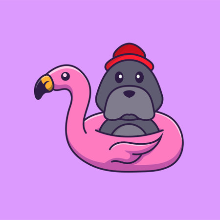 Cute dog With flamingo buoy. Animal cartoon concept isolated. Can used for t-shirt, greeting card, invitation card or mascot.のイラスト素材