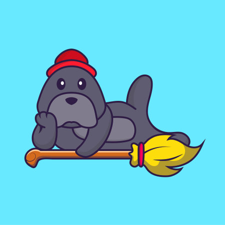Cute dog lying on Magic Broom. Animal cartoon concept isolated. Can used for t-shirt, greeting card, invitation card or mascot.のイラスト素材