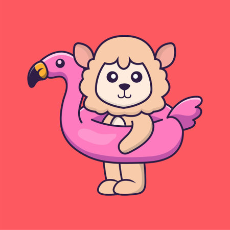 Cute sheep With flamingo buoy. Animal cartoon concept isolated. Can used for t-shirt, greeting card, invitation card or mascot.のイラスト素材