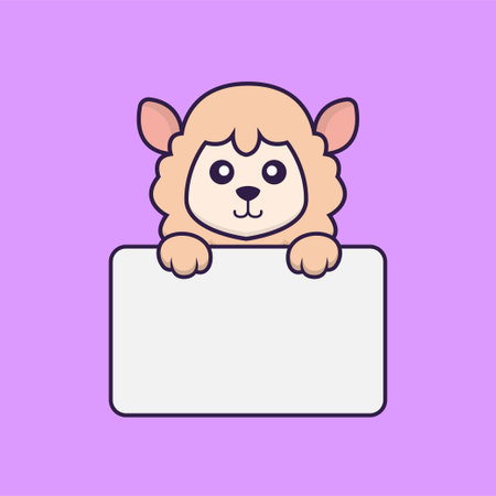 Cute sheep holding whiteboard. Animal cartoon concept isolated. Can used for t-shirt, greeting card, invitation card or mascot.のイラスト素材