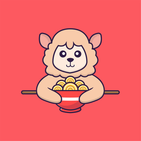 Cute sheep eating ramen noodles. Animal cartoon concept isolated. Can used for t-shirt, greeting card, invitation card or mascot.のイラスト素材