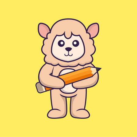 Cute sheep holding a pencil. Animal cartoon concept isolated. Can used for t-shirt, greeting card, invitation card or mascot.のイラスト素材