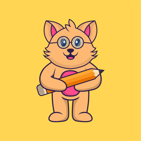 Cute cat holding a pencil. Animal cartoon concept isolated. Can used for t-shirt, greeting card, invitation card or mascot.のイラスト素材