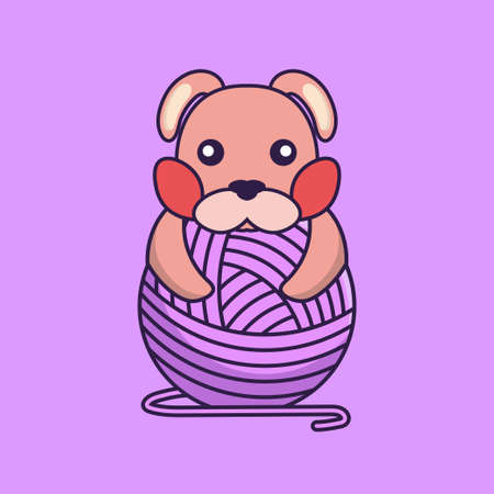Cute rabbit playing with wool yarn.のイラスト素材