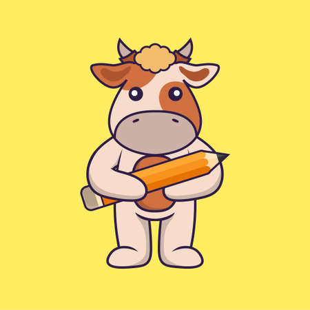 Cute cow holding a pencil.のイラスト素材