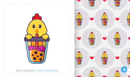 Seamless pattern with cartoon chicken on white background. Can be used on packaging paper, cloth and others.のイラスト素材