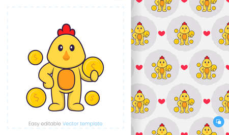 Seamless pattern with cartoon chicken on white background. Can be used on packaging paper, cloth and others.のイラスト素材