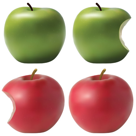 Photo realistic apples set. Green and red. Bitten effect.のイラスト素材