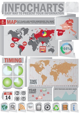 Infochart creative pack. Origmai style set. Easy assembling elements for presentation and graph. Including world map, time zones map and set of business related iconsのイラスト素材