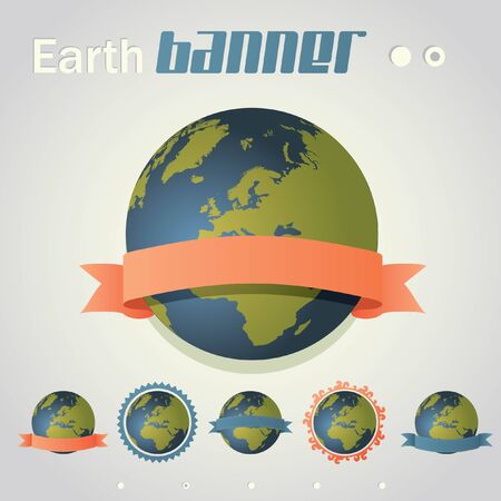Planet Earth with ribbon banner around it. Six different styles.のイラスト素材
