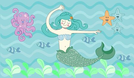 Cute mermaid swimming in the blue sea surrounded by fish, starfish and octopusesのイラスト素材