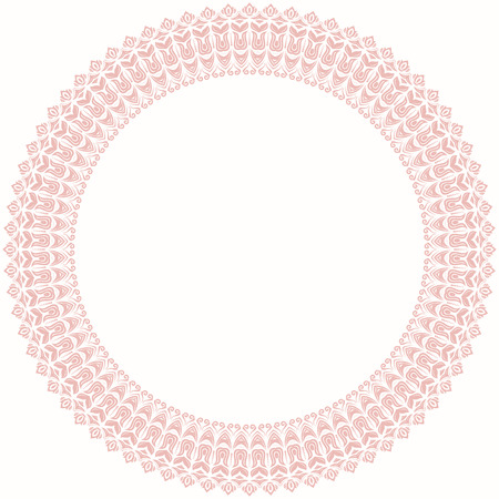 Oriental vector round frame with arabesques and floral elements. Floral fine border. Greeting card with place for text. Light pink patternのイラスト素材