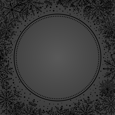 Winter vector dark frame with arabesques and snowflakes. Fine greeting card. Pattern with snowflakesのイラスト素材