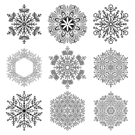 Set of vector black and white snowflakes. Fine winter ornaments. Snowflakes collection. Snowflakes for backgrounds and designsのイラスト素材
