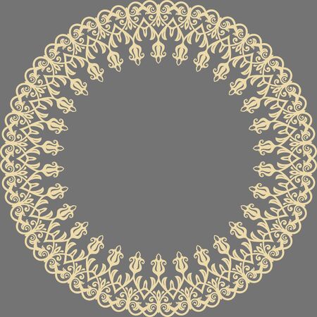 Oriental vector round golden frame with arabesques and floral elements. Floral border with vintage pattern. Greeting card with place for textのイラスト素材