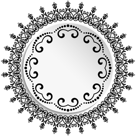 Round vector frame with floral elements and arabesques. Pattern with arabesques. Black and white greeting cardのイラスト素材