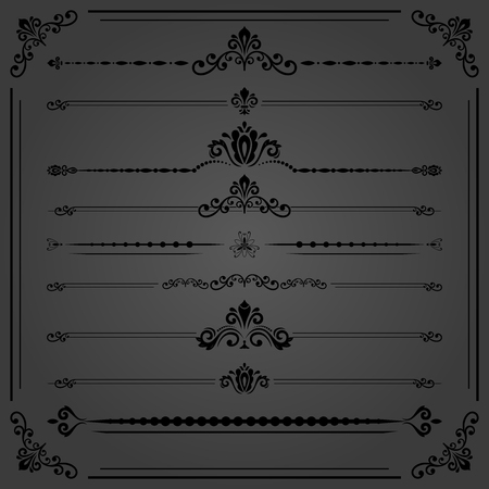 Vintage set of vector decorative elements. Horizontal separators in the frame. Collection of different ornaments. Classic patterns. Set of black vintage patternsのイラスト素材