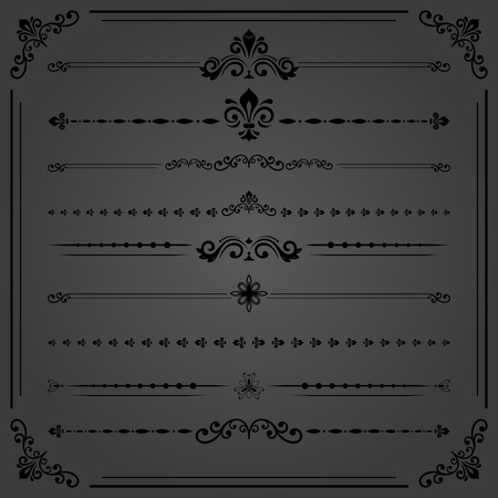 Vintage set of vector decorative black elements. Horizontal separators in the frame. Collection of different ornaments. Classic patterns. Set of vintage patternsのイラスト素材