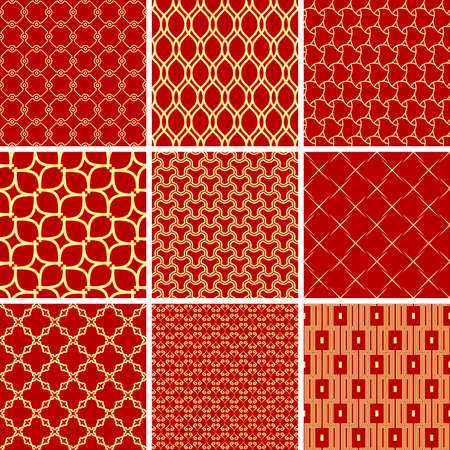 Set of seamless geometric square red and golden patterns for your designs and backgrounds. Geometric abstract ornament. Modern ornaments with golden elementsの写真素材
