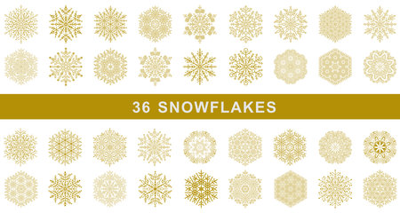 Set of vector snowflakes. Collection of winter golden and white ornaments. Snowflakes collection. Snowflakes for backgrounds and designsのイラスト素材