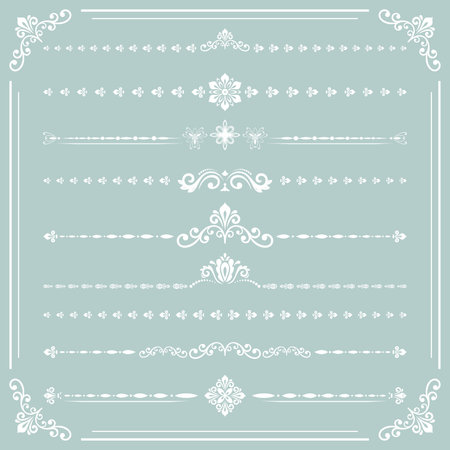 Vintage set of vector decorative elements. Horizontal separators in the frame. Collection of light blue and white different ornaments. Classic patterns. Set of vintage patternsのイラスト素材