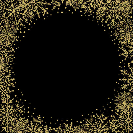 Winter vector frame with arabesques and snowflakes. Black and golden greeting card. Pattern with snowflakesのイラスト素材