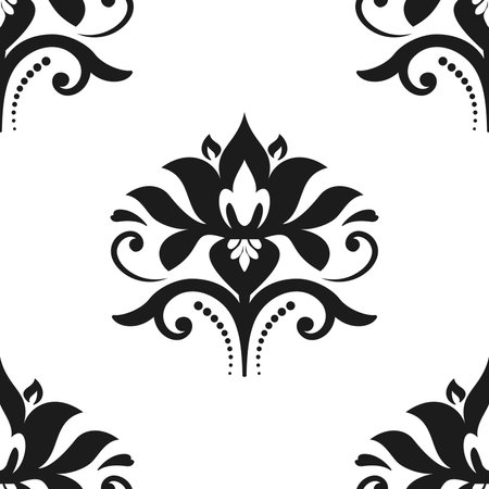 Floral vector ornament. Seamless abstract classic background with flowers. Pattern with black and white repeating floral elements. Ornament for wallpaper and packagingのイラスト素材