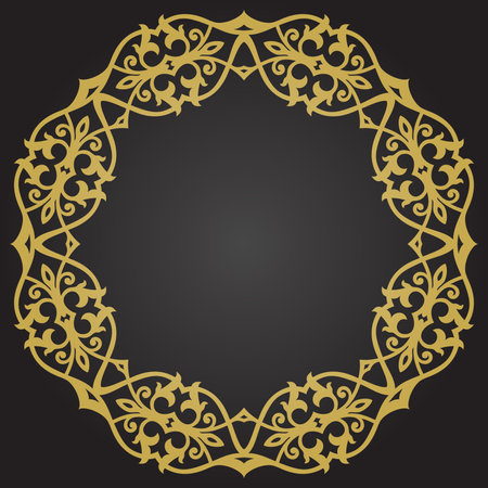Oriental vector round frame with arabesques and floral elements. Floral black golden border with vintage patternのイラスト素材