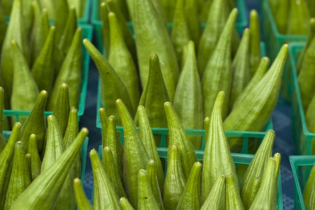 Okra by the basketの写真素材
