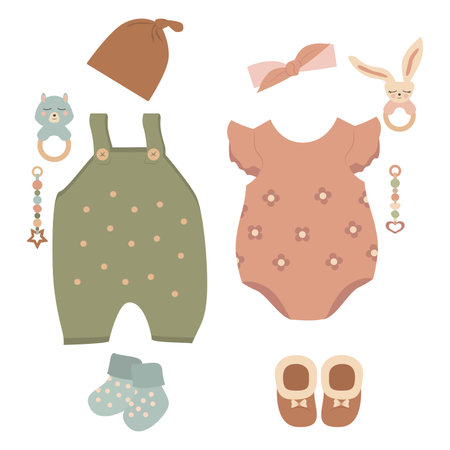 Baby clothes bundle, clothes forr boy and girl, newborn thing, toys for kids, children clothes, boho style kids clothes, kids fashion,baby girl pink , baby boy, children kit, kidsのイラスト素材