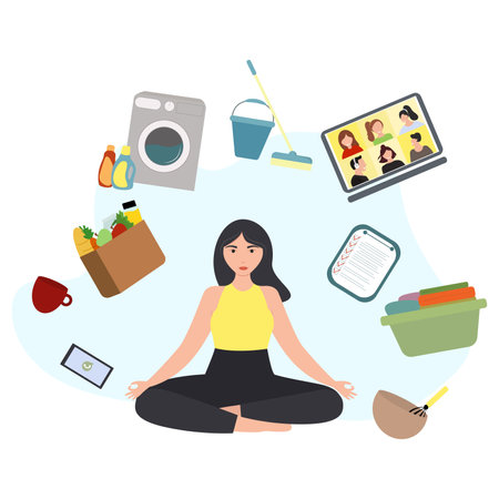Time management concept, Multitasking woman flat vector illustration, Woman relaxing after house chores isolated vectorのイラスト素材